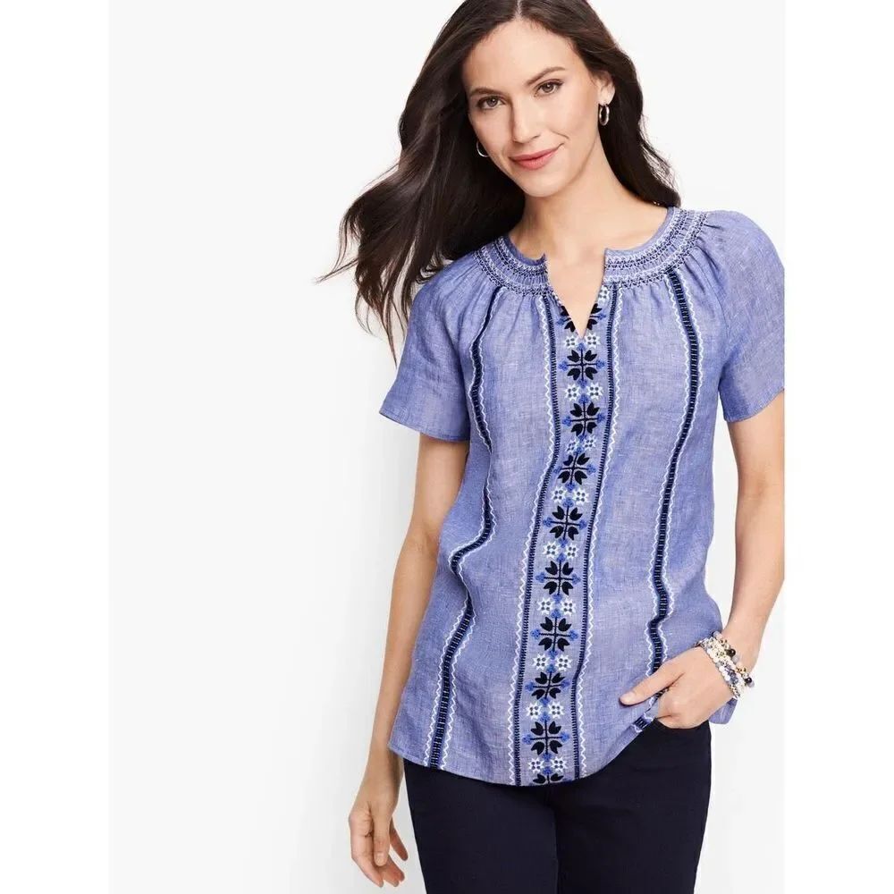 Talbots 100% Linen Blue embroidery Split Neck Pullover Tunic Top Size P